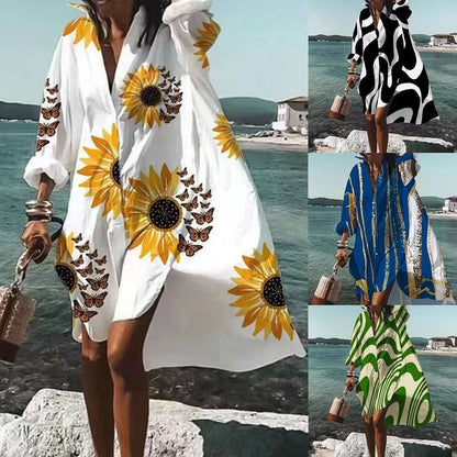 Kvinnors Långärmad Klänning V-Neck Abstrakt Mönster Bomullsblandning 2