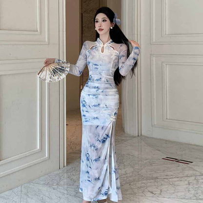 Kvinna Qipao Klänning Långärmad Tryckt Polyester-3