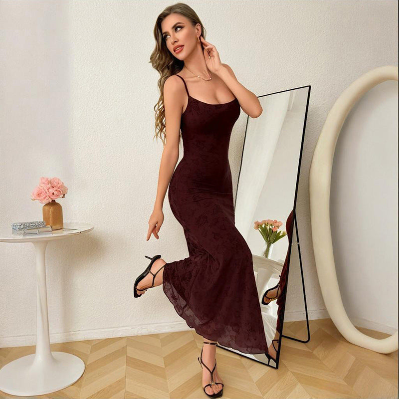 Kvinnors Golvlång Spetsklänning med Spaghettiband och Blommönster – Elegant Figur-Hugging Design för Formella Tillfällen 4