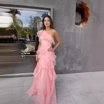 Kvinnors Lång Klänning Asymmetrisk Crepe-3