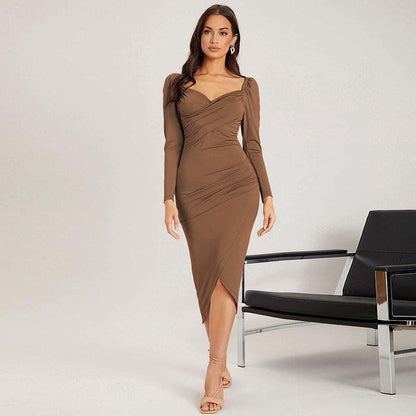 Figurbetonad Midi-Rock för Dam i Brun Polyester med V-ringning och Långa Ärmar – Elegant och Tidlös Design 6