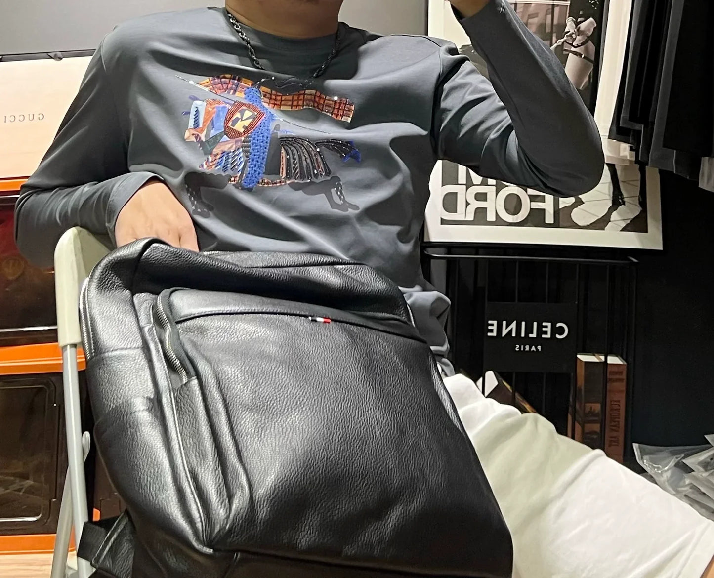 Herr Långärmad T-Shirt Geometrisk Design 100% Bomull-3