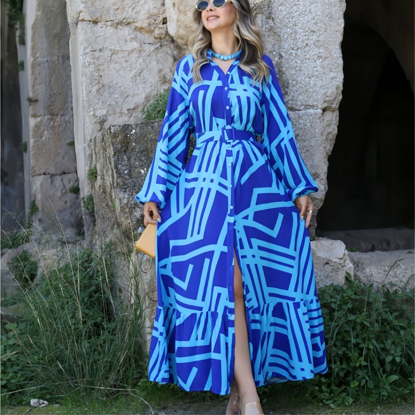 Fina Dam Klänningar Lång Klänning Tryckt Polyester med Bälte-2