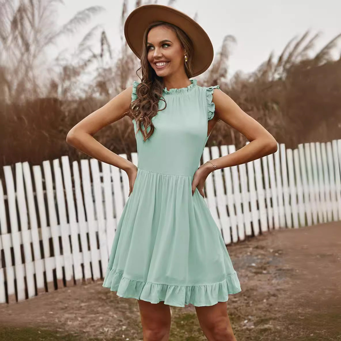 Dam A-linjeformad Sommarklänning Polyester Ärmlös Knälång-4