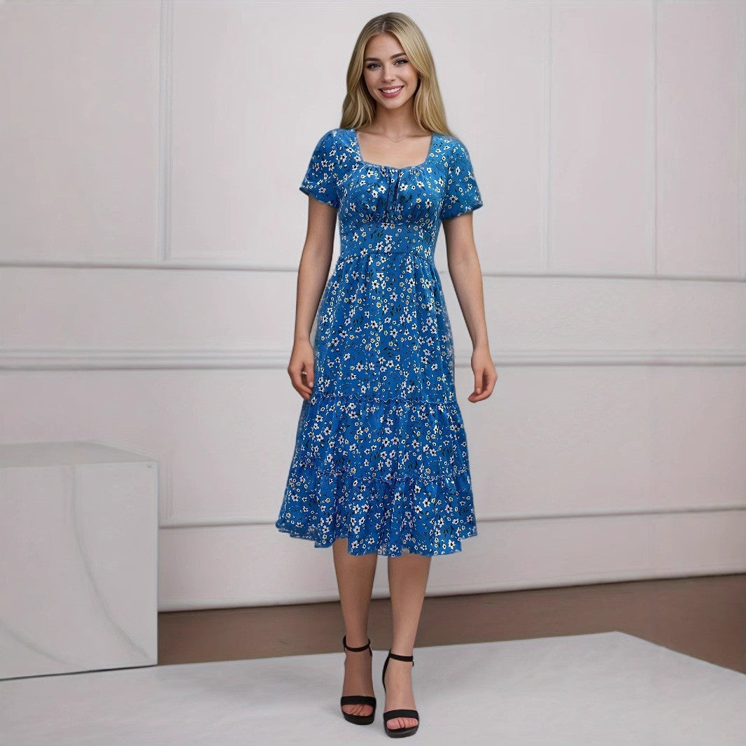 Maxiklänning Dam Blommig A-linjeformad Polyester med Kvadrat Halsringning och Puffärmar-1