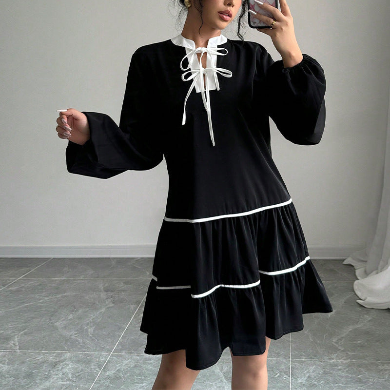 Dam Midi Klänning Halvöppen Krage Puffärmar Polyester-3