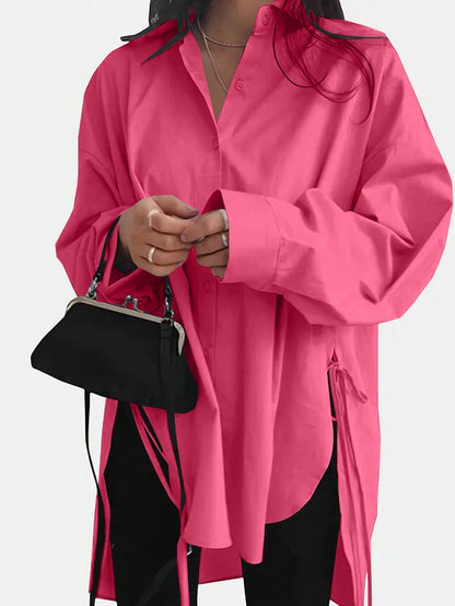 Dam Lång Skjorta Snörning Polyester Streetwear-4