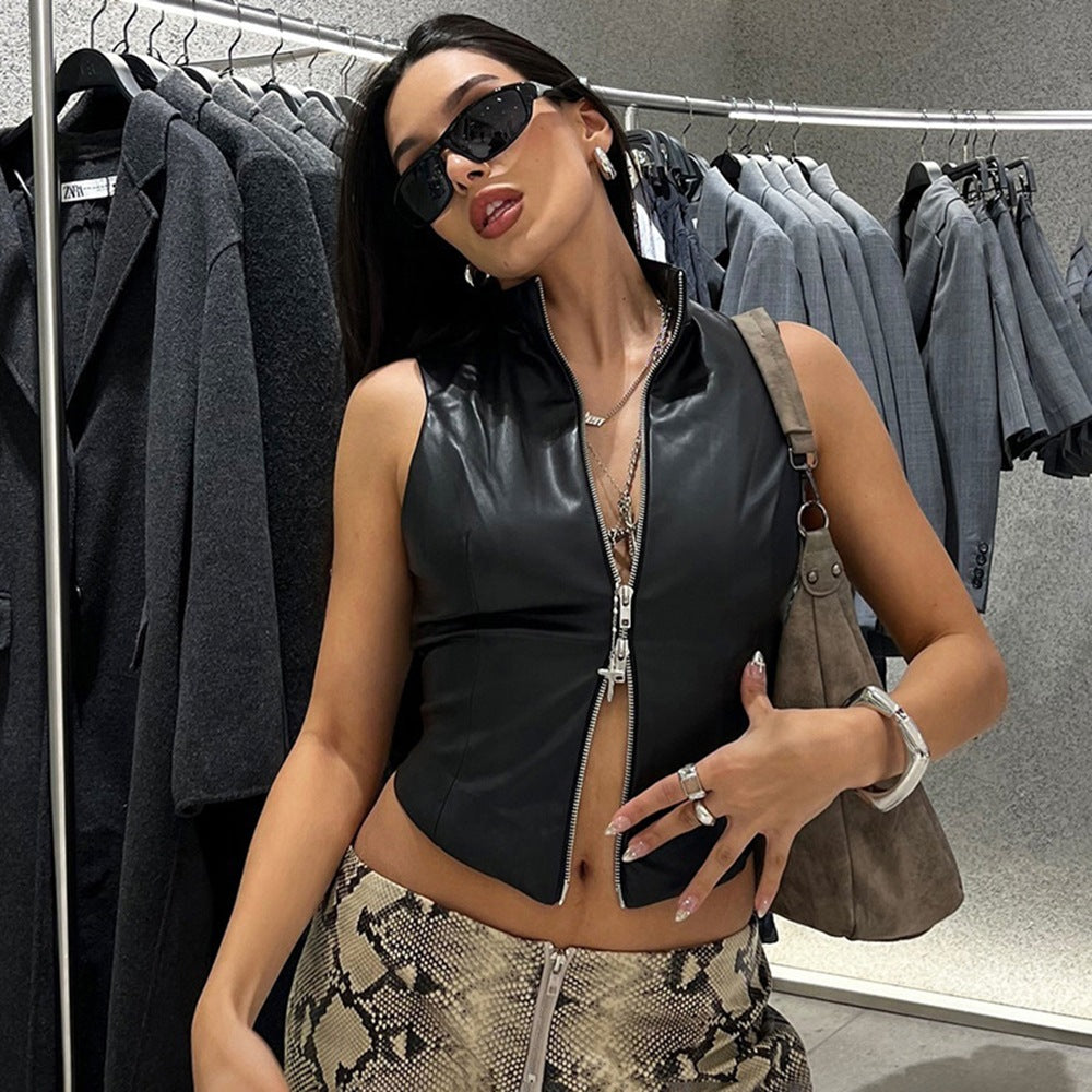 Dam Cardigan Slim Fit PU Material med Dragkedja-2