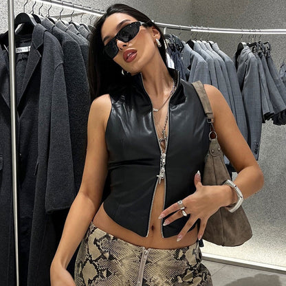 Dam Cardigan Slim Fit PU Material med Dragkedja-2