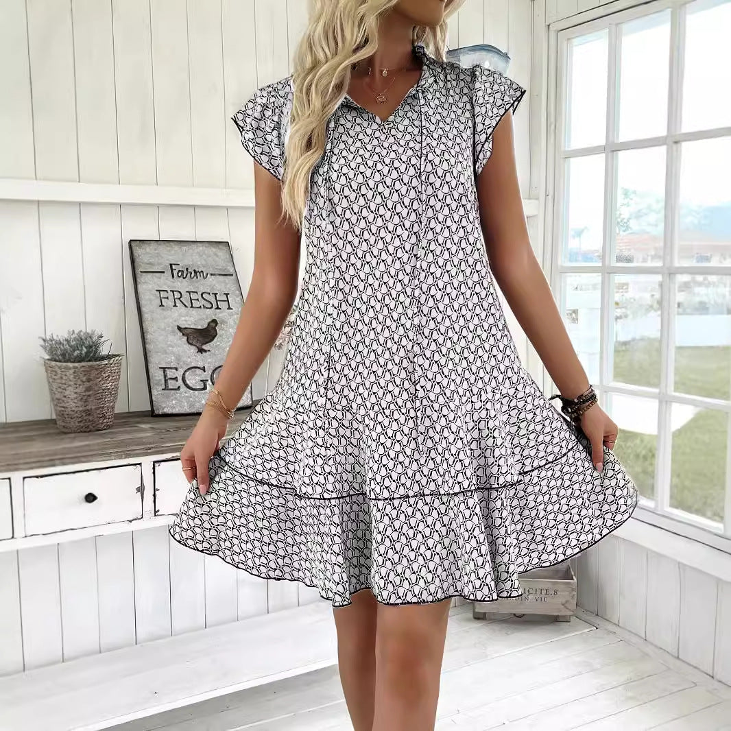 Dam Klänning V-ringning Fällbara Ärmar Polyester Geometriskt Mönster-3