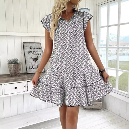 Dam Klänning V-ringning Fällbara Ärmar Polyester Geometriskt Mönster-3