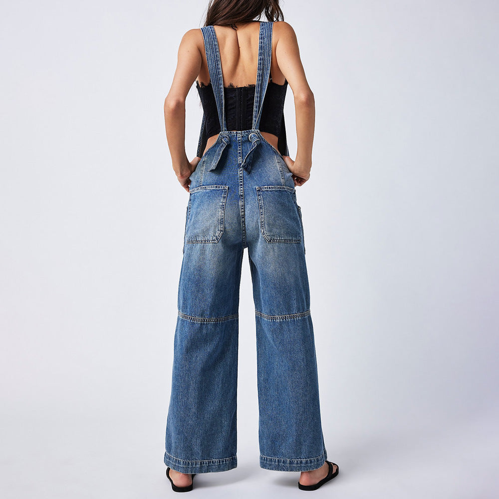 Dam Jumpsuit Justerbara Bärarben i Denim Smal Passform-3