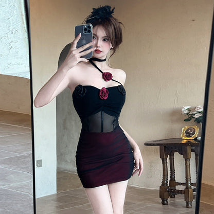 Kort Klänning Dam Blommig Axelbar Mesh och Bomull-4