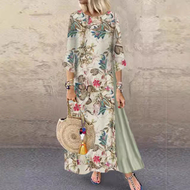 Damklänning A-Linjeformad Rund Hals Bomull med Tryckt Mönster-3