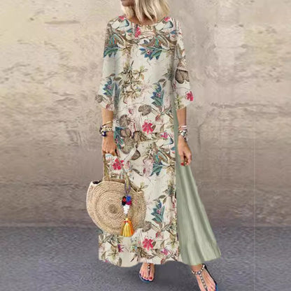 Damklänning A-Linjeformad Rund Hals Bomull med Tryckt Mönster-3