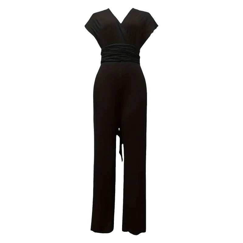 Elegant Dam Jumpsuit med V-ringad Slingrande Topp och Breda Ben – Andningsbart Tyg för Bröllop och Fester 6