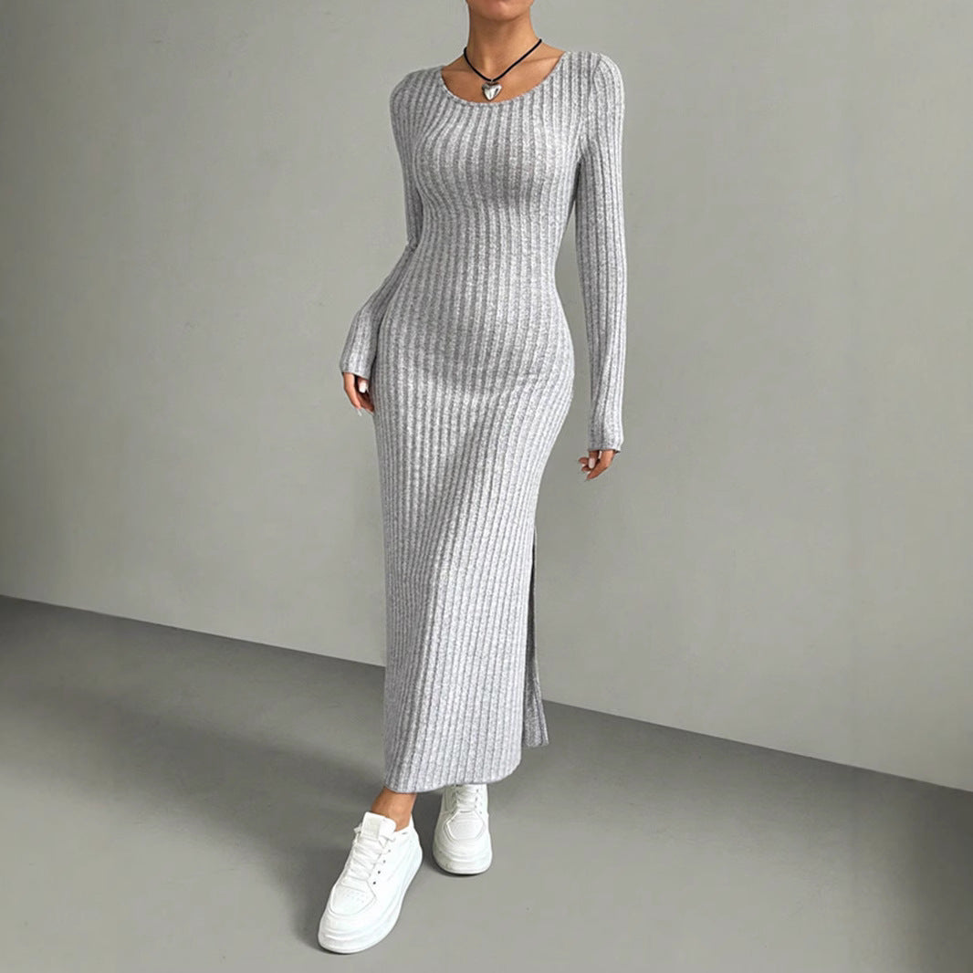 Kvinnors Lång Bodycon Klänning Ribbad Polyester Elastan-4