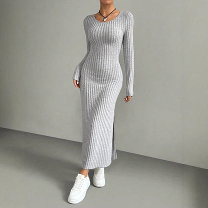 Kvinnors Lång Bodycon Klänning Ribbad Polyester Elastan-4