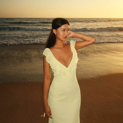 Elegantes Abendkleid für Frauen mit Tiefem V-Ausschnitt und Rüschensaum – Perfekt für Hochzeiten und Festlichkeiten, Hochwertiges Material 4