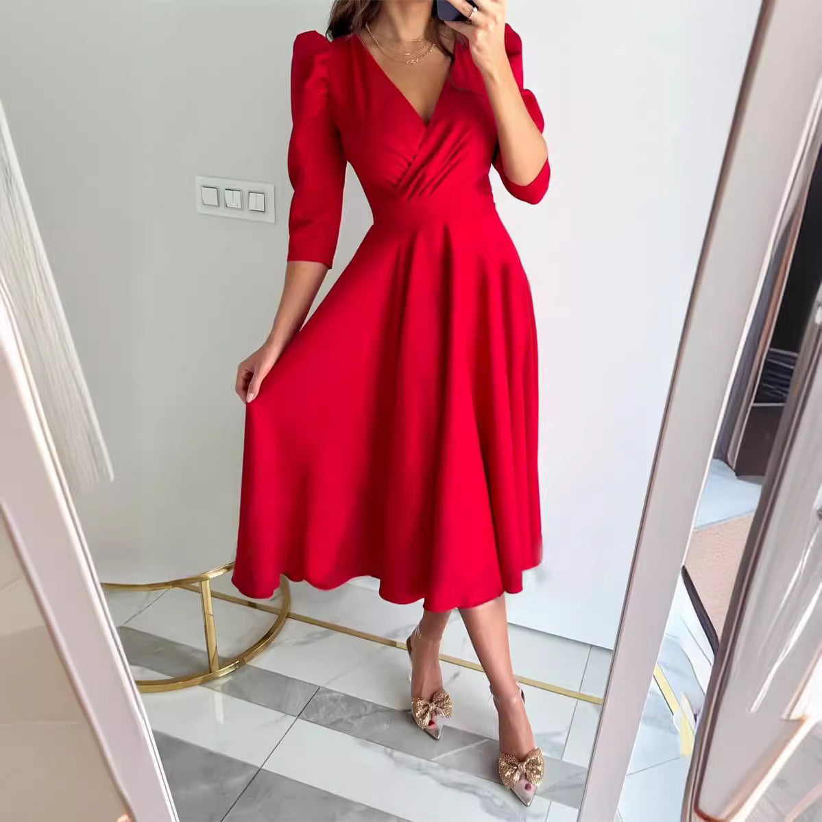 Långklänning Dam A-Line V-Ringning Trekvartsärmar Polyester-5