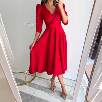 Långklänning Dam A-Line V-Ringning Trekvartsärmar Polyester-5