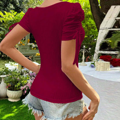 Kvinnors Topp med Fyrkantig Halsringning och Rüsch Detaljer i Mjukt Elastiskt Tyg – Elegant och Bekväm Stil 5