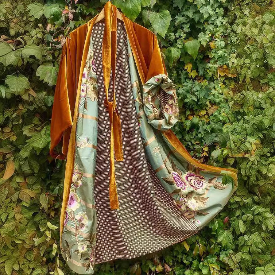 Dam Cardigan Midi Satin Blommönster med Midjebälte-2