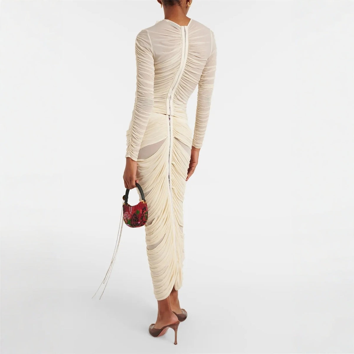 Damklänning Midi Tredimensionell Blommig Design Högkvalitativt Tyg-3