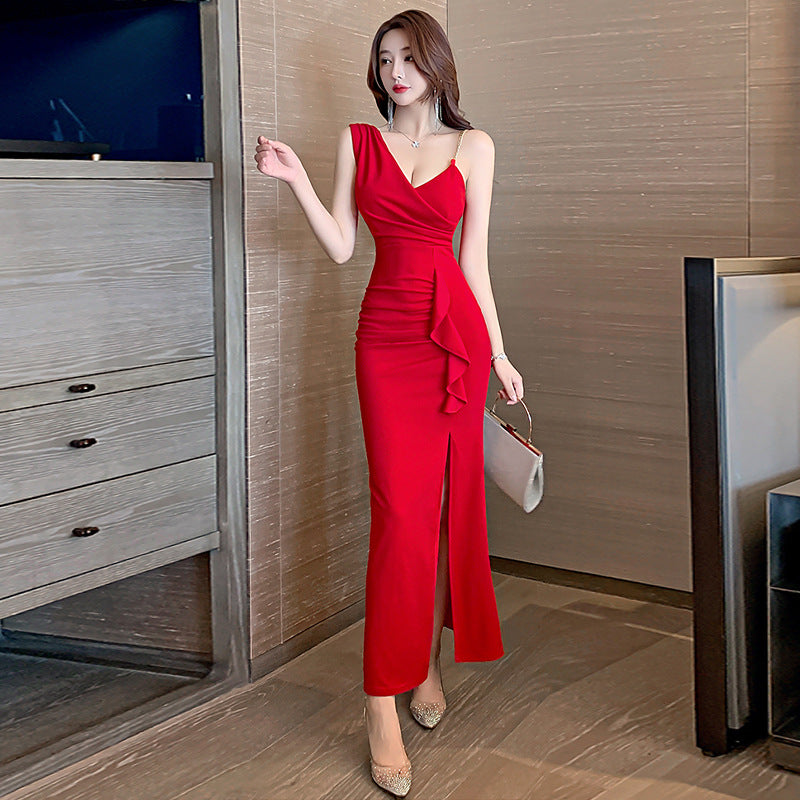 Variant image for Dam Bodycon Klänning Delad V-Sektion Spaghetti Band Kvalitetskomposit-6