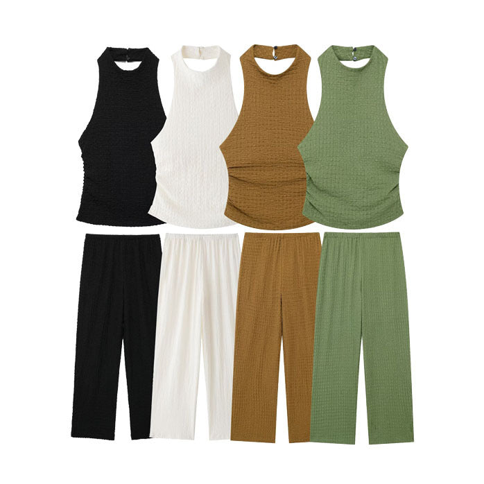 Dam Långbyxor och Top med Öppen Rygg i Lätt Polyester för Sommar-2