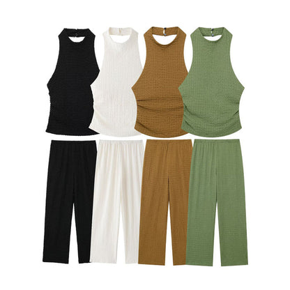 Dam Långbyxor och Top med Öppen Rygg i Lätt Polyester för Sommar-2