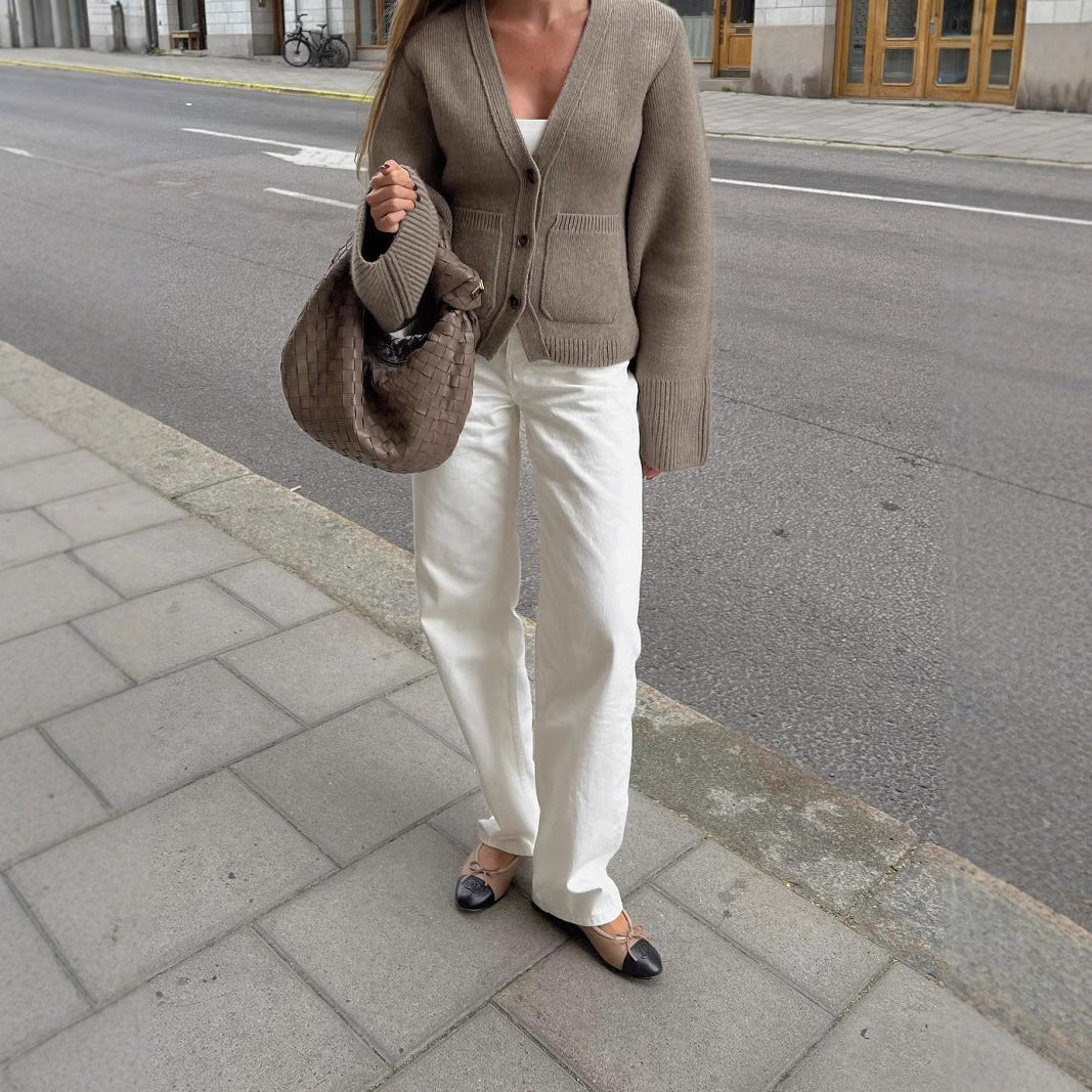 Kvinnors Cardigan V-Neck Mjuk Stickad Material 1