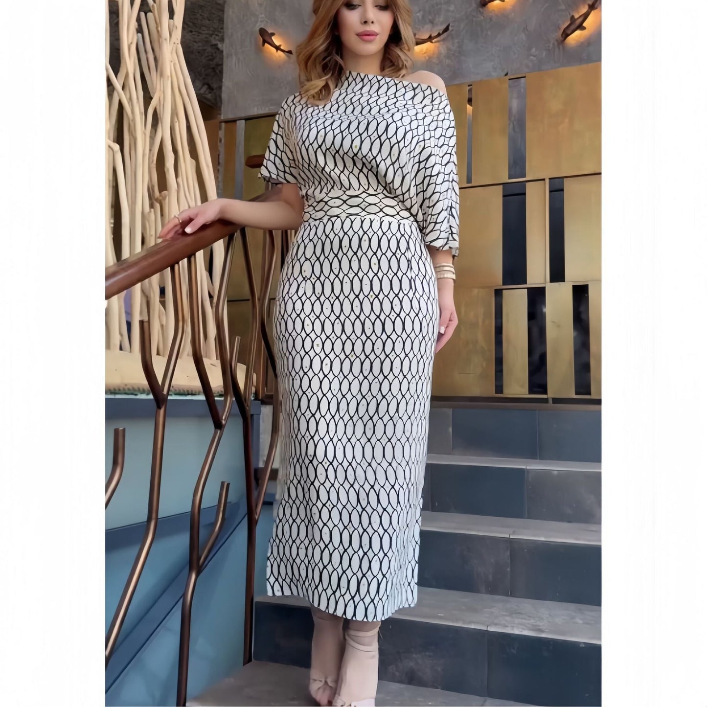 Kvinnors Lång Klänning Off-Shoulder Kortärmad Högkvalitativt Tyg-3