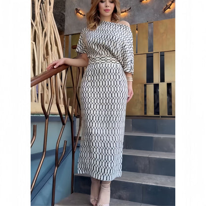 Kvinnors Lång Klänning Off-Shoulder Kortärmad Högkvalitativt Tyg-3