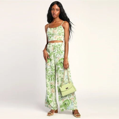 Dam Cami Top och Blommiga Bredbyxor Set i Polyester för Sommarens Evenemang-1