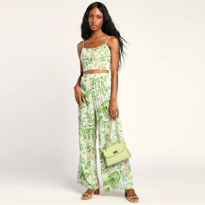 Variant image for Dam Cami Top och Blommiga Bredbyxor Set i Polyester för Sommarens Evenemang-1