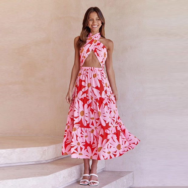 Kvinnors Långklänning Halterneck Mönstrad Polyester Elegant Fest Bröllop 3