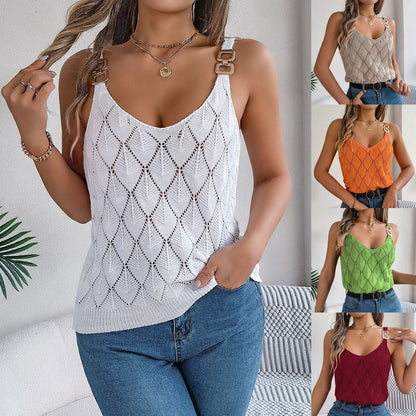 Dam V-Neck Top Stickad 100% Akryl med Metallspänne 2