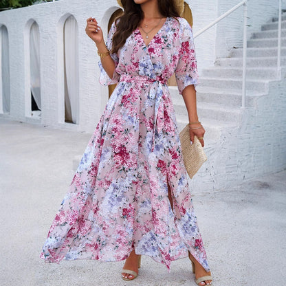 Kvinna Blommig Klänning V-hals Hög Midja Polyester-3