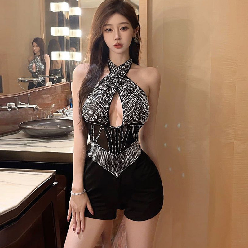 Ärmlös Dam Jumpsuit i Svart Spetsnät och Polyester – Tight-passande Stil för Fest och Vardag 3