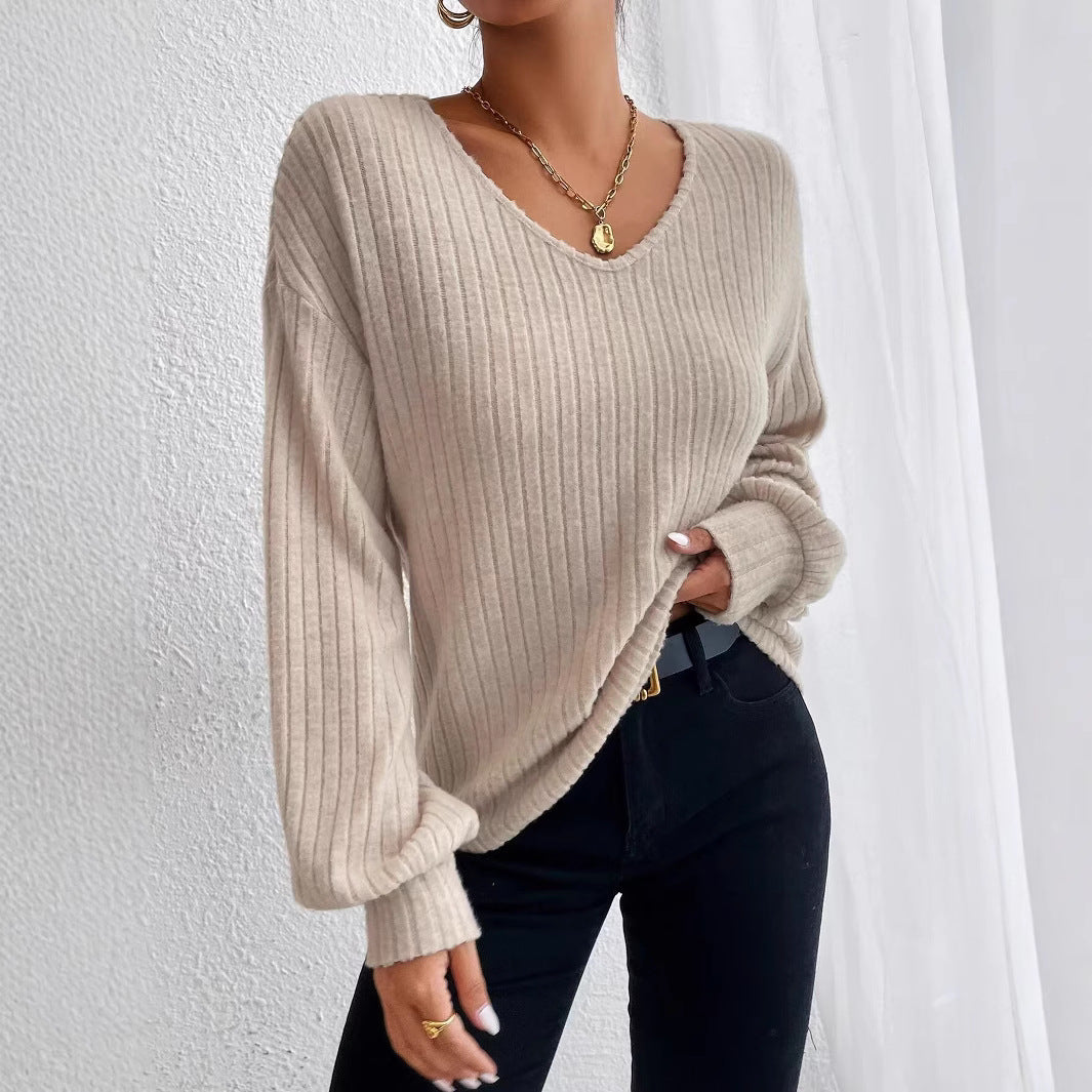 Dam T Shirt V-ringning Lanternärmar Mjuk Tyg-2