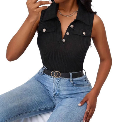 Kvinnors Ärmlös Poloshirt Ribbad Design Hållbart Tyg 6