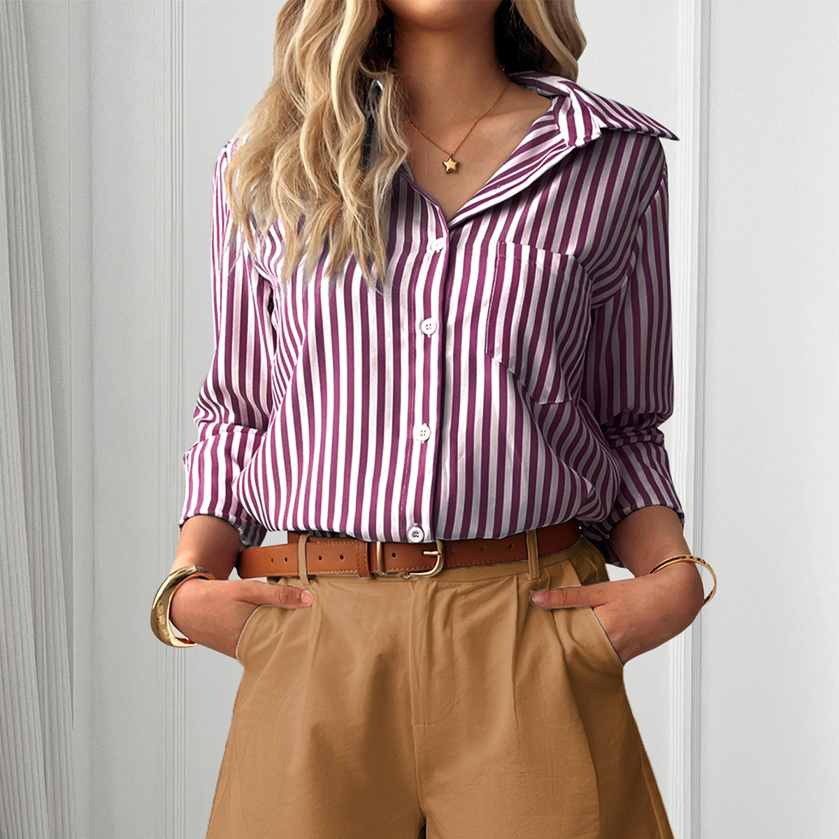 Variant image for Lång Kofta Dam Färgblockad Polyester Långärmad Cardigan-18