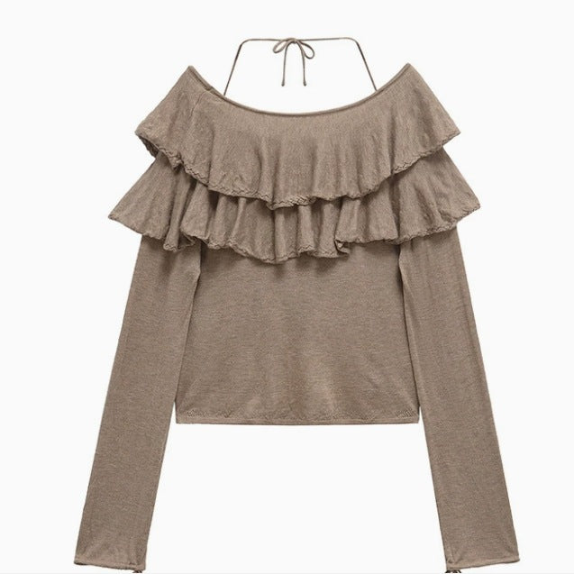 Kvinnors Beskuren Topp Ruffad Halsringning Långärmad Andningsbar Tyg-3