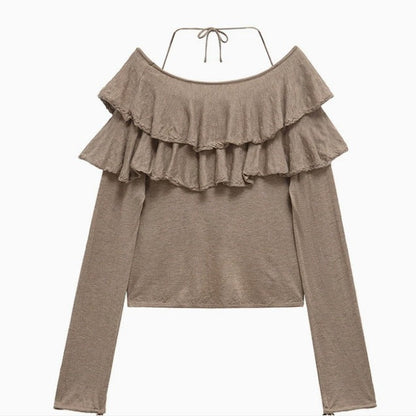 Kvinnors Beskuren Topp Ruffad Halsringning Långärmad Andningsbar Tyg-3