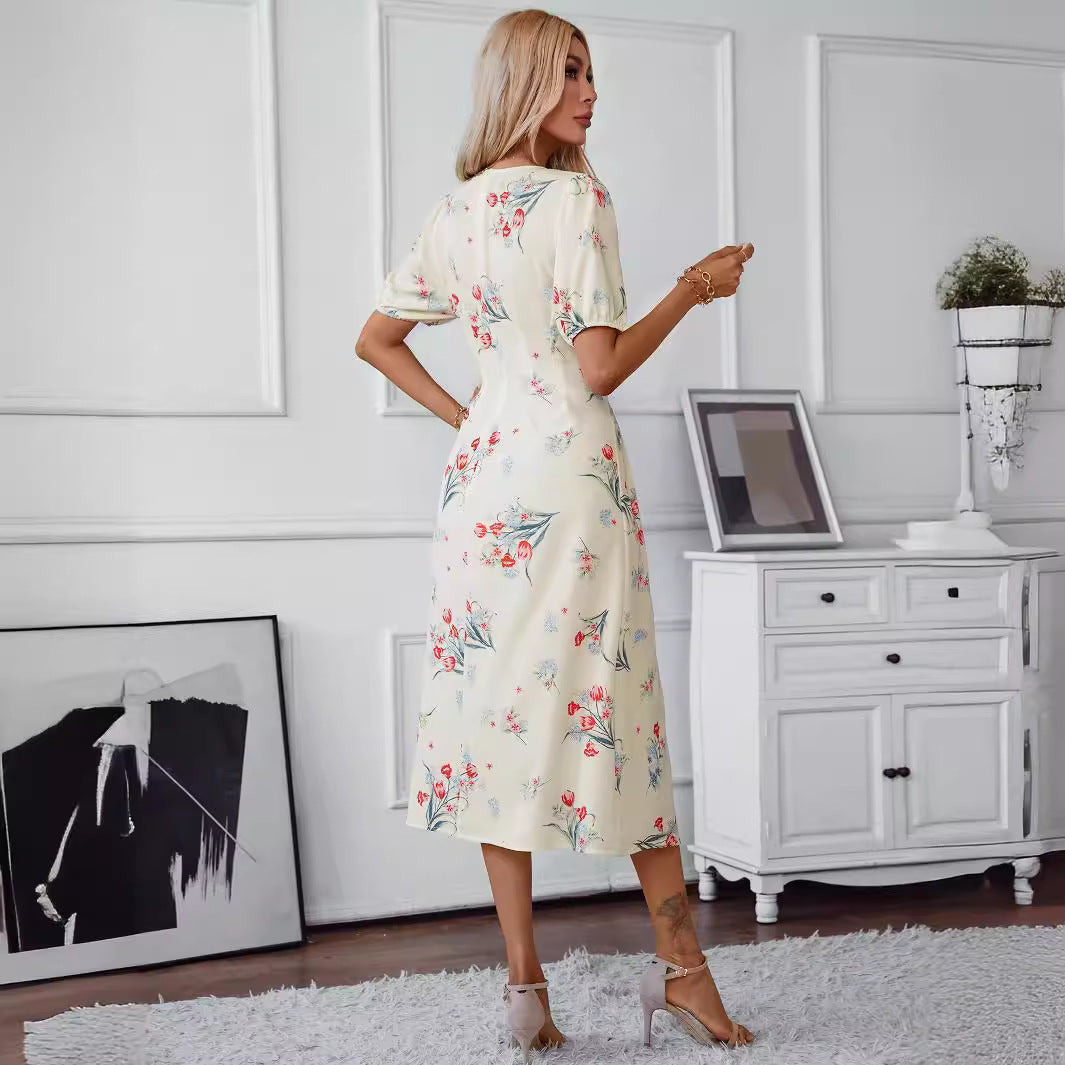 Kvinna Midi Klänning V-hals Blommönster Polyester-3