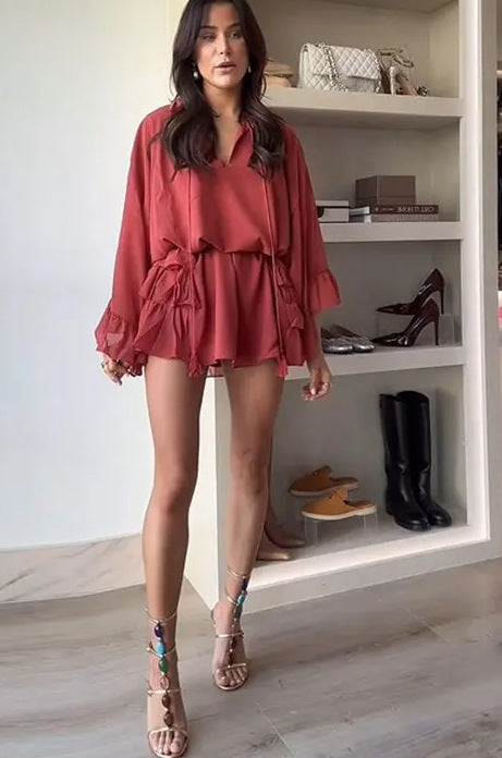 Damkläder Röd Ruffle Set V-Hals Topp Polyester Minikjol-6