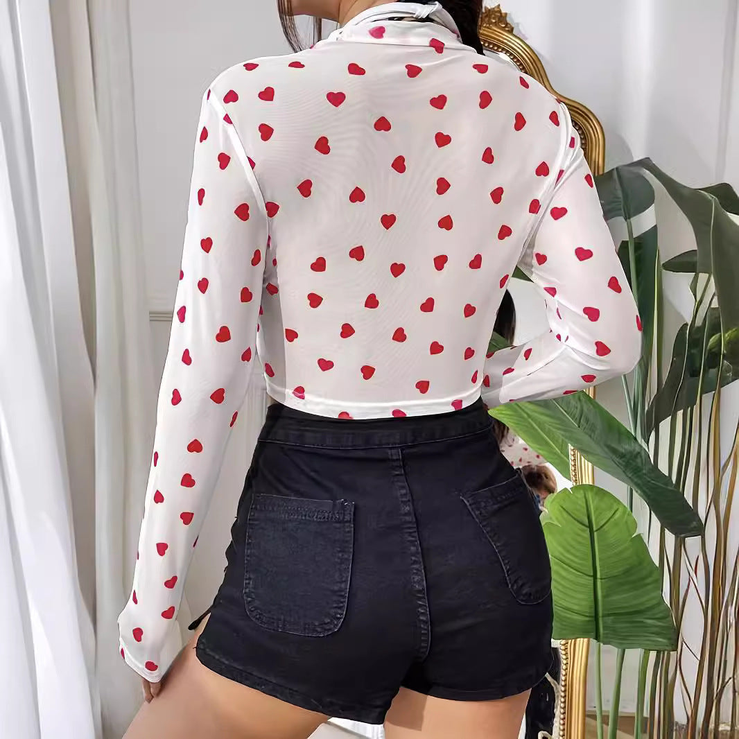 Dam Långärmad T-Shirt i Slim Fit Mesh med Hjärttryck-3