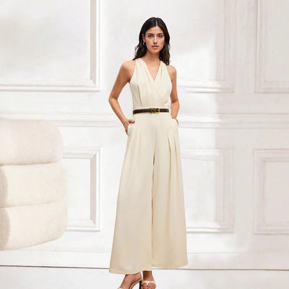 Damen Jumpsuit mit Tiefem V-Ausschnitt und Seitlichem Bindegürtel – Leichtes Stoff, Bequeme Passform, Bunte Designs 2