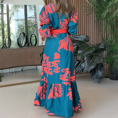 Damklänning Långärmad Blommig Midja Polyester-3